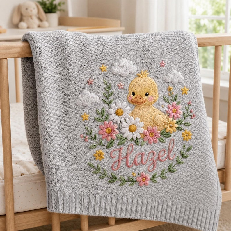 Cartoon Duck Personalized Embroidered Baby Blanket, Custom Name Soft Knit Blanket, Minimal Nursery Newborn Blanket, Baby Gift image 3