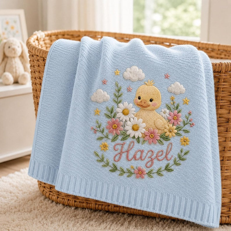 Cartoon Duck Personalized Embroidered Baby Blanket, Custom Name Soft Knit Blanket, Minimal Nursery Newborn Blanket, Baby Gift image 9