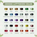 May include: A color chart titled CHOOSE LETTERING COLOR displaying thirty individual spools of embroidery thread in various shades including gold, khaki, brown, coffee, green, sage, hunter, sky blue, royal blue, mint, grey, navy, lilac, and lavender