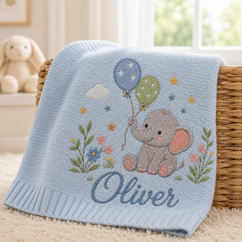 Elephant Baby Blanket with Custom Name, Personalized Balloon Nursery Blanket, Soft Knit Newborn Keepsake Gift image 8