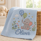 Elephant Baby Blanket with Custom Name, Personalized Balloon Nursery Blanket, Soft Knit Newborn Keepsake Gift image 8