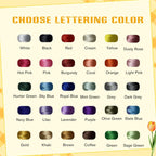May include: A color chart titled CHOOSE LETTERING COLOR displaying thirty small spools of embroidery thread in various shades including white, black, red, cream, yellow, dusty rose, hot pink, pink, burgundy, coral, orange, light pink, hunter green, 