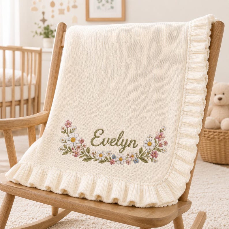 May include: A cream-colored knit baby blanket featuring a ruffled edge and an embroidered floral garland design. The name Evelyn is stitched in green cursive script in the center of the flowers, which include white daisies and pink blossoms.