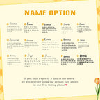 May include: A font selection chart titled NAME OPTION featuring fifteen distinct styles labeled F1 through F15. Each option displays the name Emma followed by the full alphabet in both uppercase and lowercase letters. Text at the bottom reads: If yo