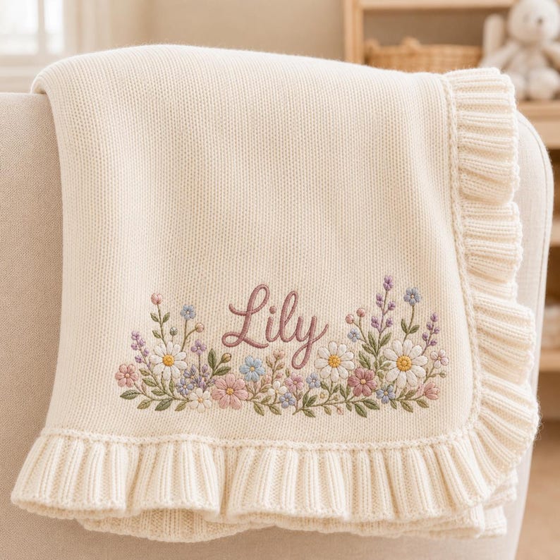 Daisy Wildflower Baby Blanket with Custom Name, Personalized Blue Knit Blanket, Floral Border Newborn Nursery Gift image 5