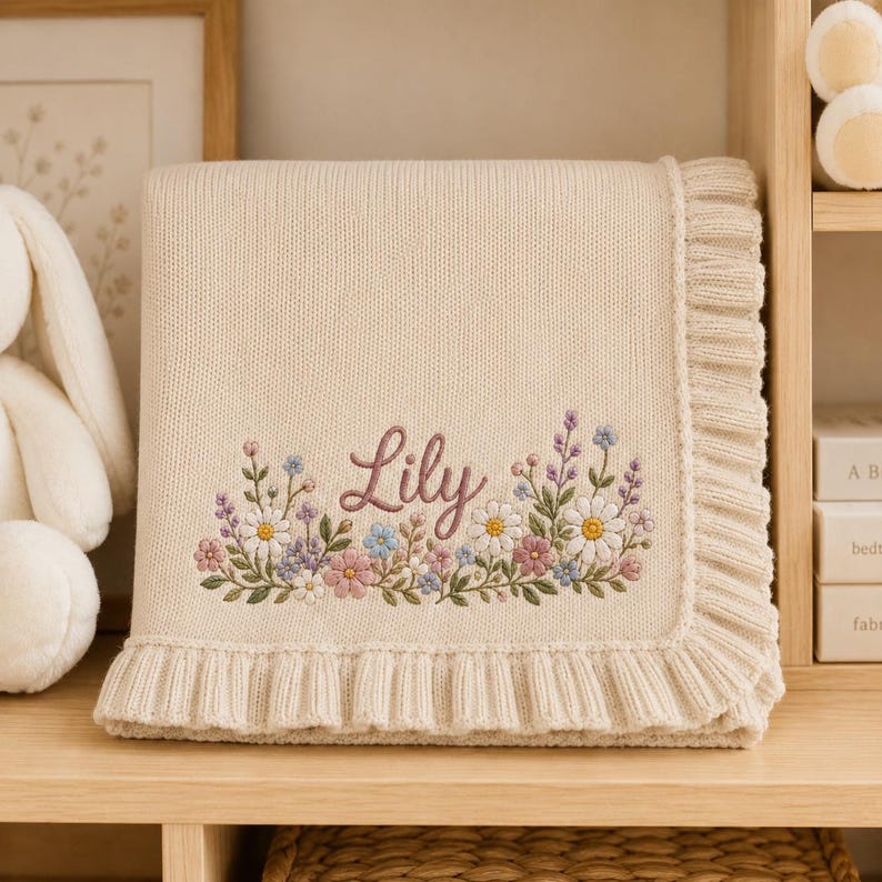 May include: A cream-colored knit blanket featuring a ruffled border and an embroidered floral arrangement in shades of pink, blue, and yellow. The name Lily is embroidered in a cursive script above the flowers in a dark pink thread.
