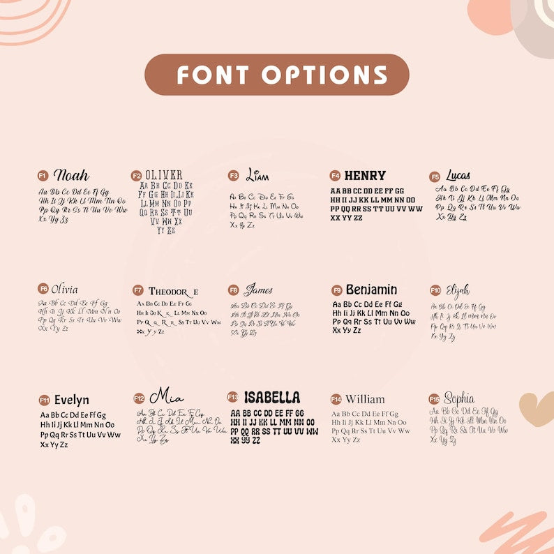 May include: A chart titled FONT OPTIONS displaying fifteen distinct typography styles labeled F1 through F15. Each entry features a name example followed by the full uppercase and lowercase alphabet. The text is dark brown on a light peach backgroun