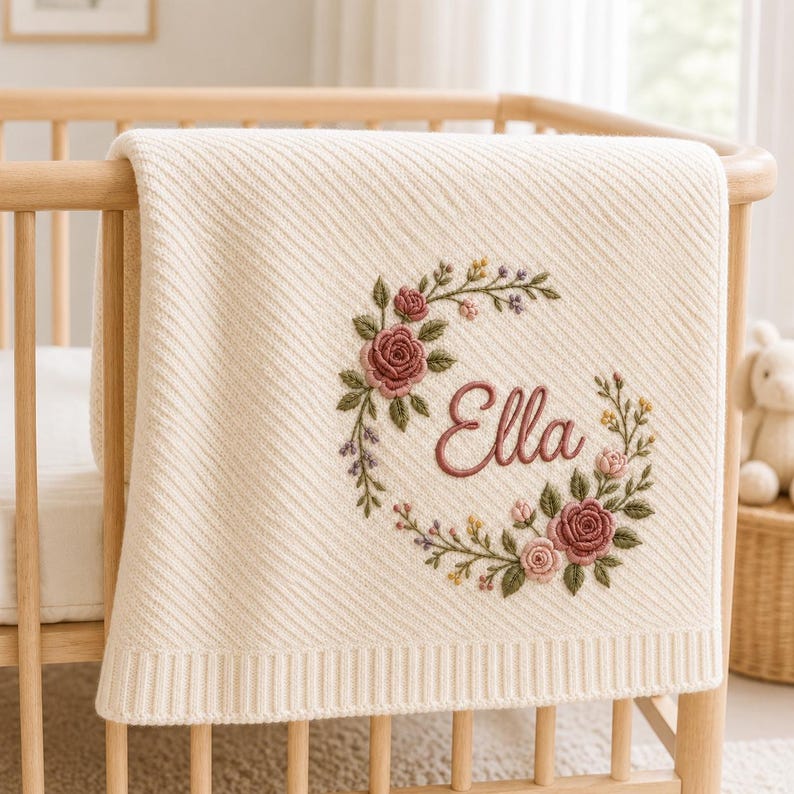 May include: A cream-colored knit baby blanket featuring a diagonal ribbed texture and a central embroidered floral wreath in shades of pink, green, and yellow. The name Ella is embroidered in a cursive script in the center of the floral wreath.