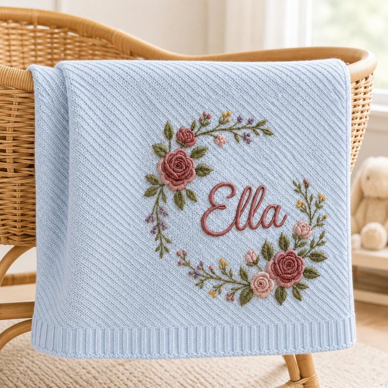 May include: A light blue knit blanket featuring a diagonal ribbed texture and a central embroidered floral wreath in shades of pink, green, and yellow. The name Ella is embroidered in a dark pink cursive script in the center of the wreath.