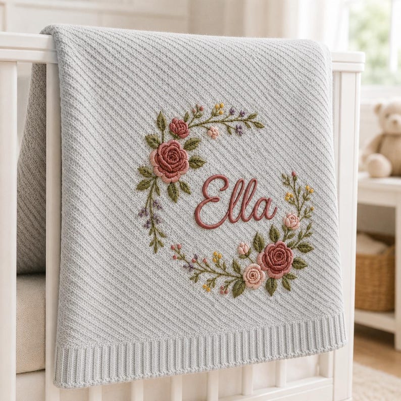 May include: A light gray knitted blanket featuring a diagonal ribbed texture and a central embroidered floral wreath in shades of pink, green, and yellow. The name Ella is embroidered in a cursive script in the center of the floral wreath.