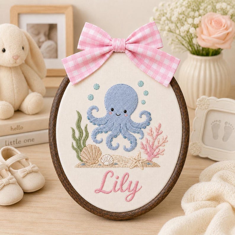 Personalized Baby Name Sign, Ocean Nursery Decor, Custom Embroidered Name Hoop, Octopus Baby Shower Gift, Coastal Room Decor image 8