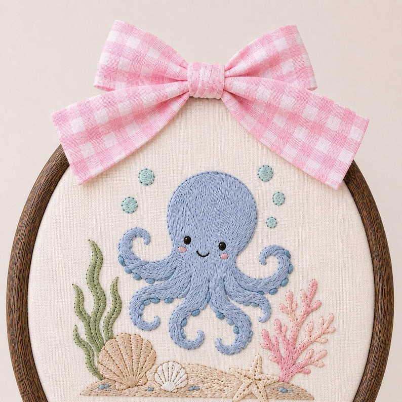 May include: A circular wooden embroidery hoop containing a fabric panel with a hand-stitched blue octopus, green seaweed, pink coral, and seashells. A pink and white gingham fabric bow is attached to the top of the dark brown wooden frame.