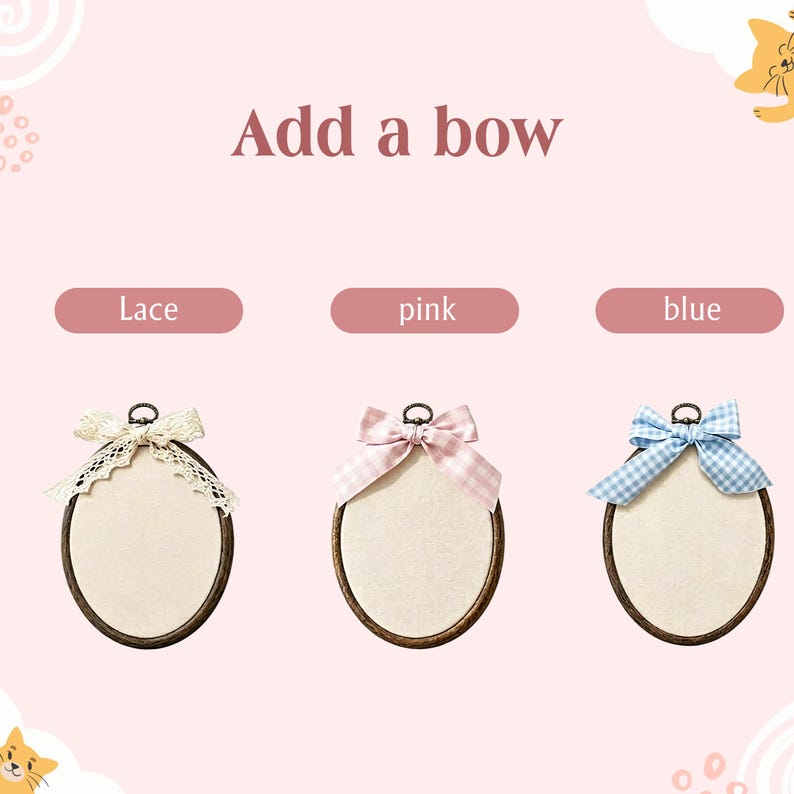 May include: Three oval embroidery hoops with cream fabric centers and dark wood frames. Each hoop features a decorative bow at the top: one white lace, one pink gingham, and one blue gingham. The text "Add a bow" appears above the hoops.