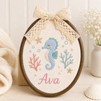Custom Seahorse Baby Name Sign, Ocean Nursery Decor, Embroidered Name Hoop, Baby Shower Gift, Coastal Nursery image 3