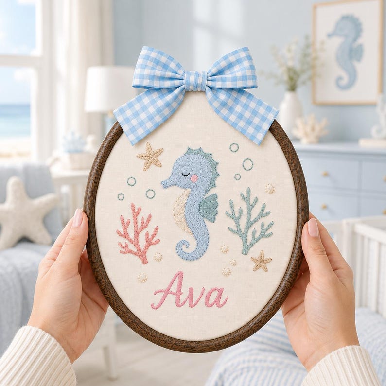 Custom Seahorse Baby Name Sign, Ocean Nursery Decor, Embroidered Name Hoop, Baby Shower Gift, Coastal Nursery image 9