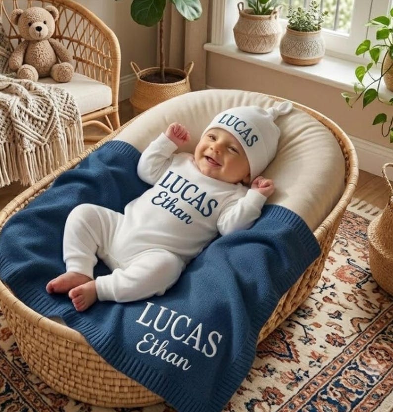 May include: A baby wearing a white long-sleeve onesie and a matching beanie, both embroidered with the name LUCAS ETHAN in dark blue. The baby is lying on a dark blue knit blanket featuring the embroidered name LUCAS ETHAN in white letteri