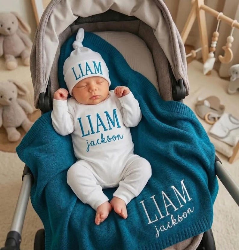 May include: A white long-sleeve baby bodysuit and a matching knotted hat, both embroidered with the name LIAM in teal. A teal knit blanket is draped over the baby, featuring the embroidered text LIAM jackson in white script and block lette