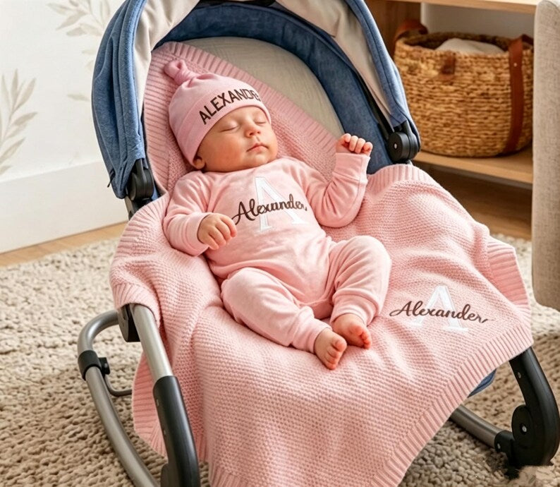 May include: A light pink baby outfit set consisting of a long-sleeved onesie, a knotted beanie, and a knit blanket. The beanie and onesie feature the name Alexander in black embroidery, while the blanket displays the name Alexander in whit
