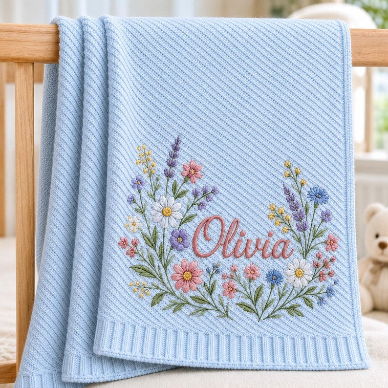 Wildflower Personalized Baby Blanket, Custom Floral Name Embroidery, Cottagecore Boho Girl Nursery Newborn Shower Gift image 2