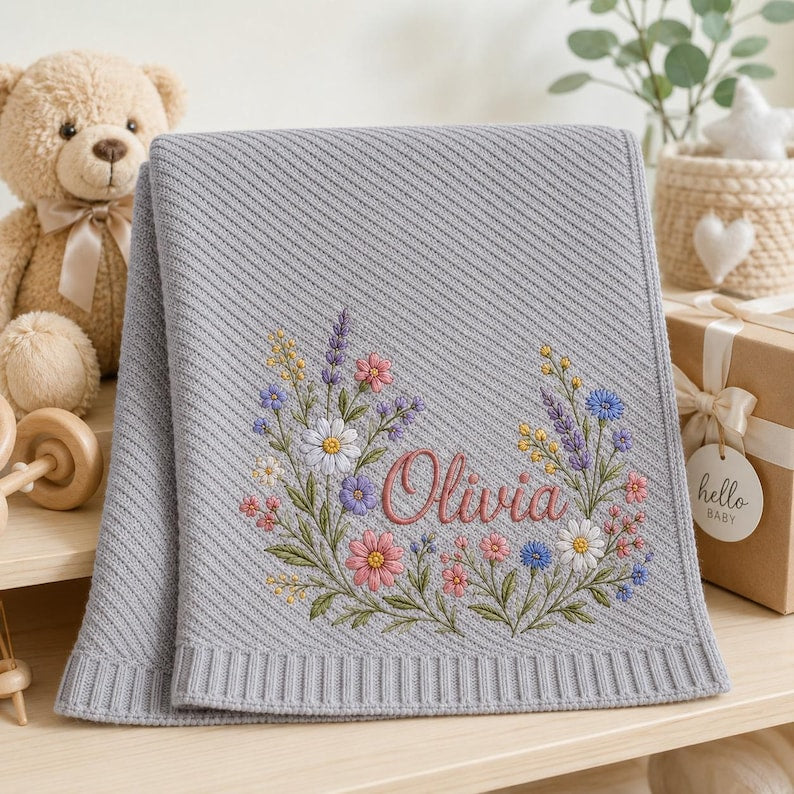 May include: A light gray knitted baby blanket featuring a diagonal ribbed texture and a central embroidered floral wreath in shades of pink, blue, yellow, and green. The name Olivia is stitched in pink cursive script in the center.