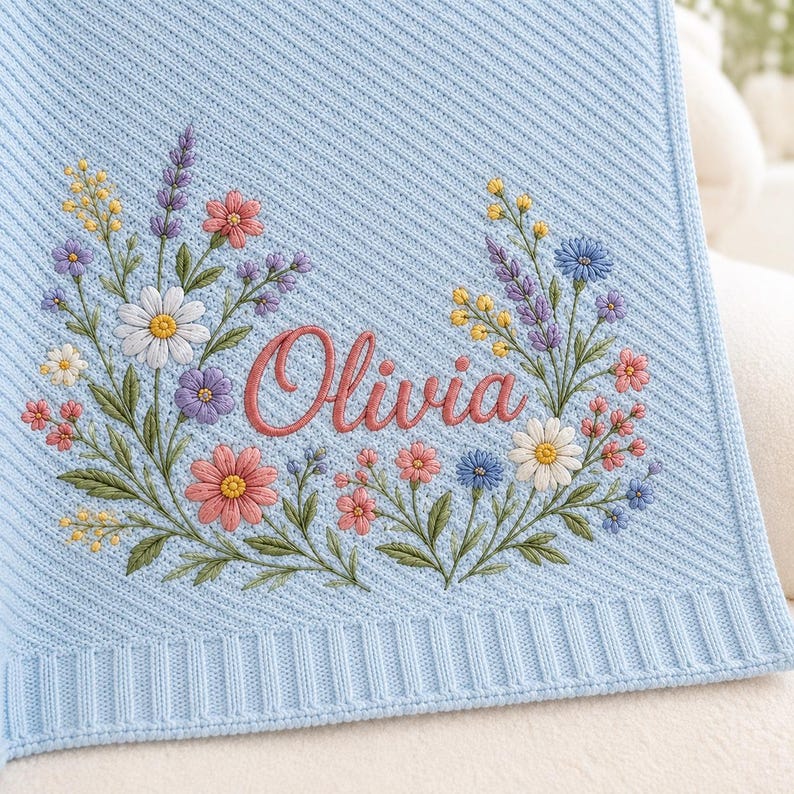 May include: A light blue knit blanket featuring a diagonal ribbed texture and a border. The center displays an embroidered floral arrangement of daisies, lavender, and small pink and yellow flowers surrounding the name Olivia in pink scrip