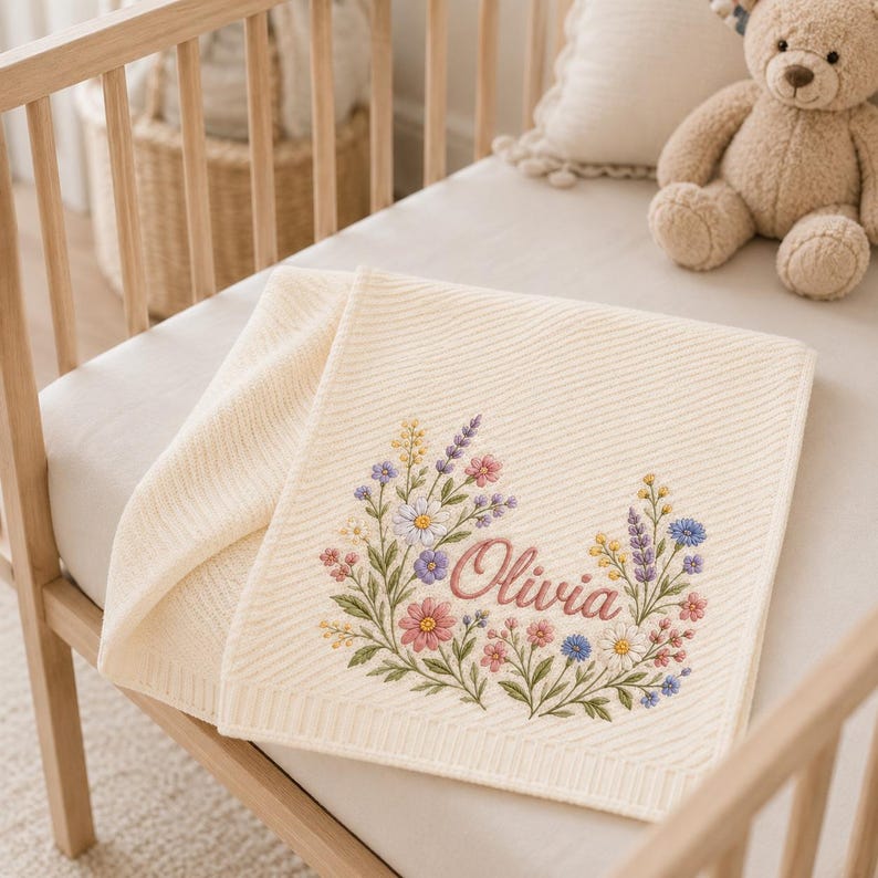 Wildflower Personalized Baby Blanket, Custom Floral Name Embroidery, Cottagecore Boho Girl Nursery Newborn Shower Gift image 12