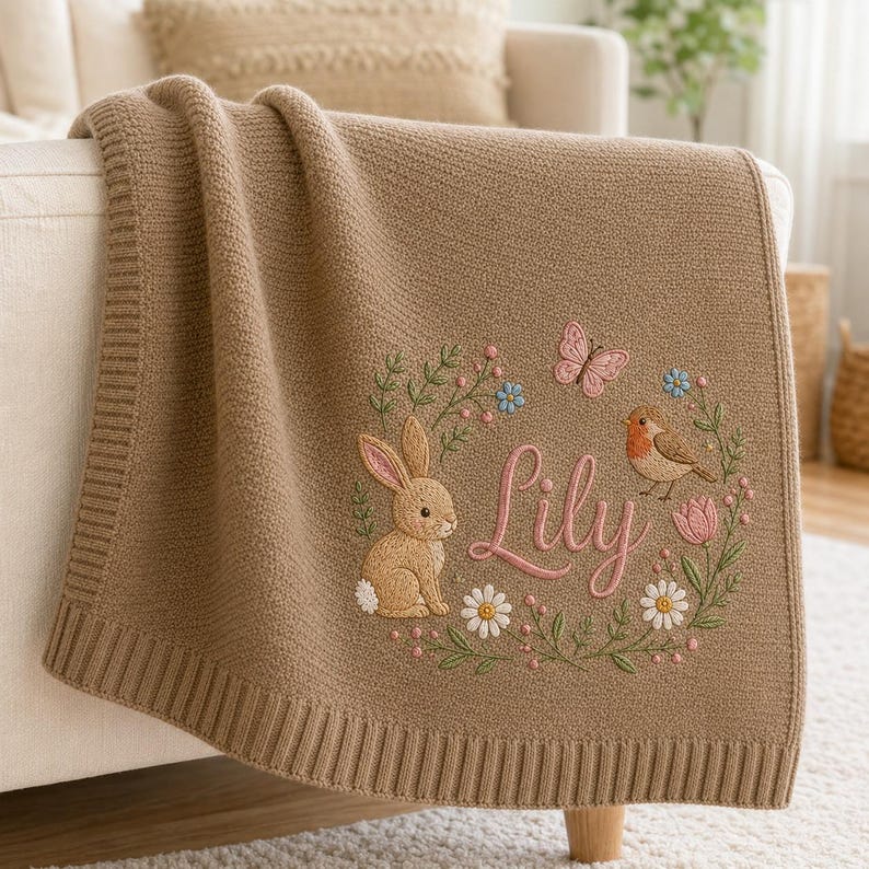 Personalized Baby Blanket with Name, Embroidered Floral Bunny Design, Soft Knit Custom Baby Girl Gift, Newborn Keepsake, Baby Shower Gift image 3