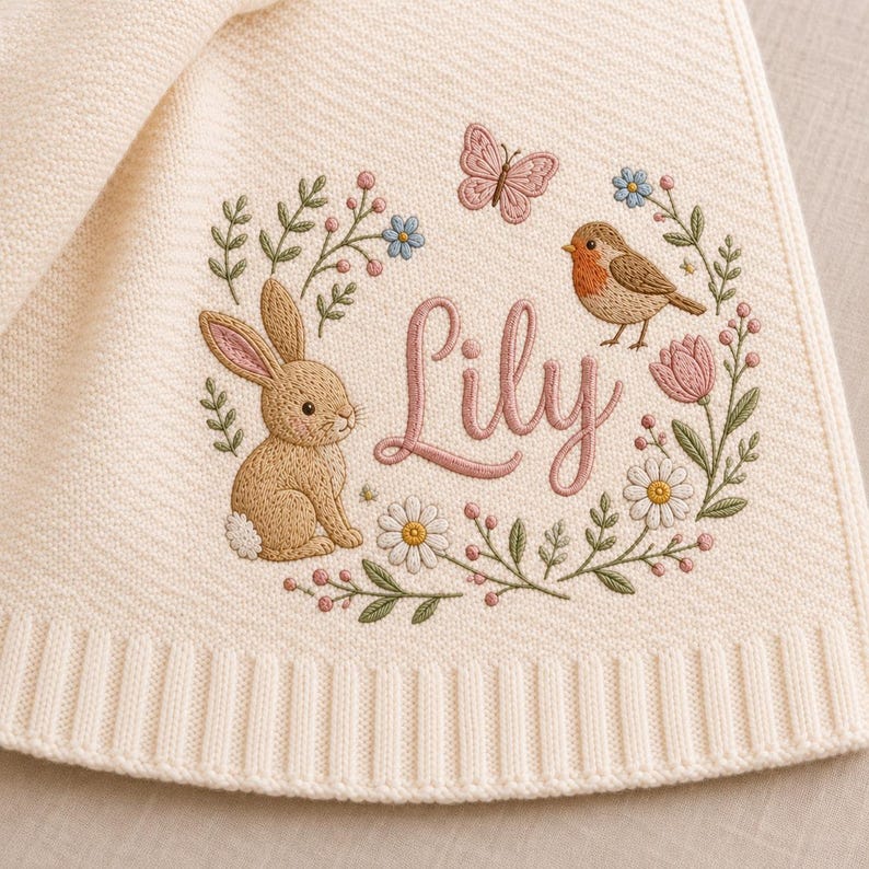 Personalized Baby Blanket with Name, Embroidered Floral Bunny Design, Soft Knit Custom Baby Girl Gift, Newborn Keepsake, Baby Shower Gift image 8