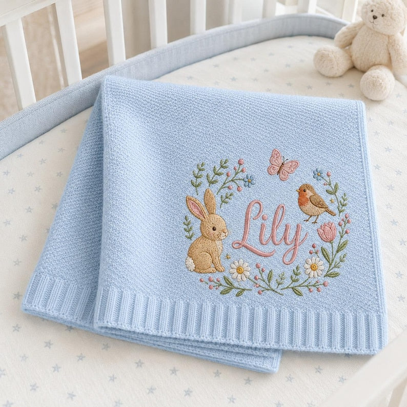 Personalized Baby Blanket with Name, Embroidered Floral Bunny Design, Soft Knit Custom Baby Girl Gift, Newborn Keepsake, Baby Shower Gift image 10