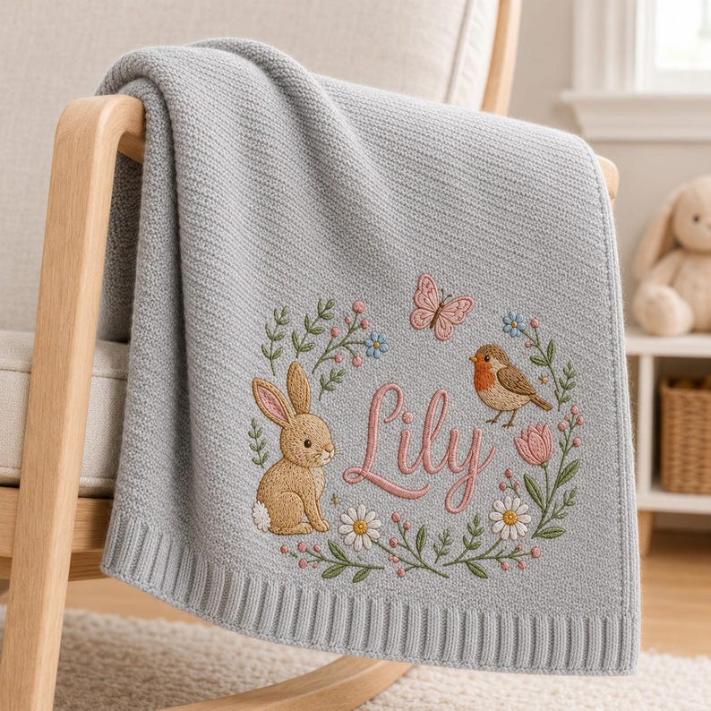 Personalized Baby Blanket with Name, Embroidered Floral Bunny Design, Soft Knit Custom Baby Girl Gift, Newborn Keepsake, Baby Shower Gift image 7