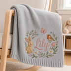 Personalized Baby Blanket with Name, Embroidered Floral Bunny Design, Soft Knit Custom Baby Girl Gift, Newborn Keepsake, Baby Shower Gift image 7
