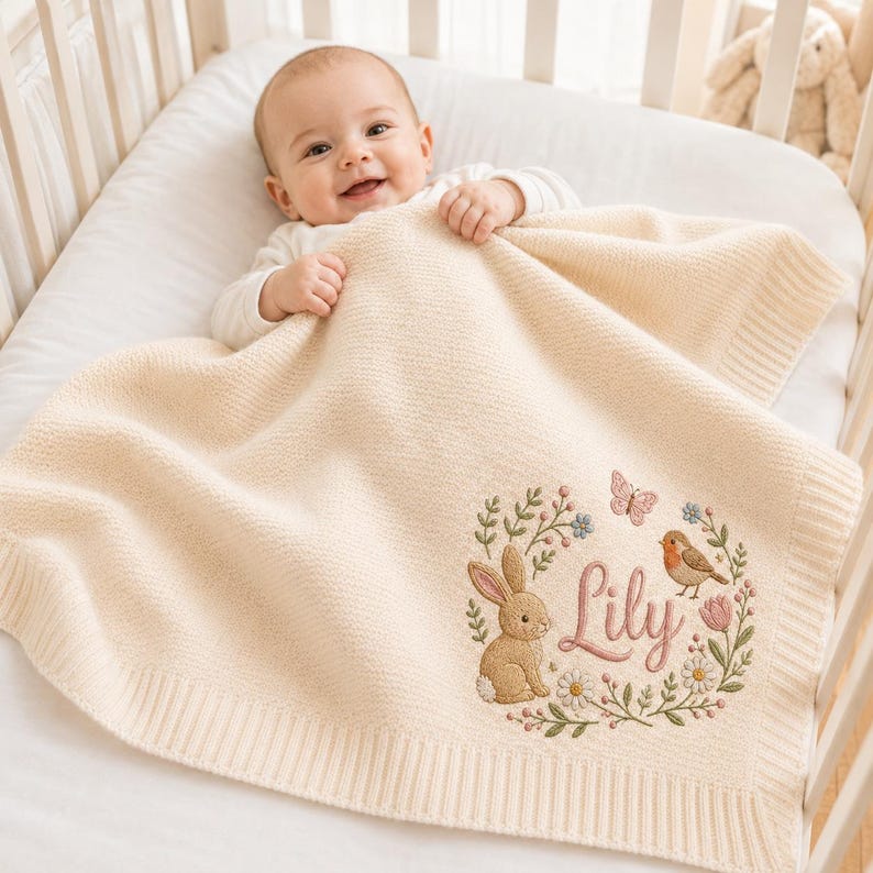 Personalized Baby Blanket with Name, Embroidered Floral Bunny Design, Soft Knit Custom Baby Girl Gift, Newborn Keepsake, Baby Shower Gift image 12