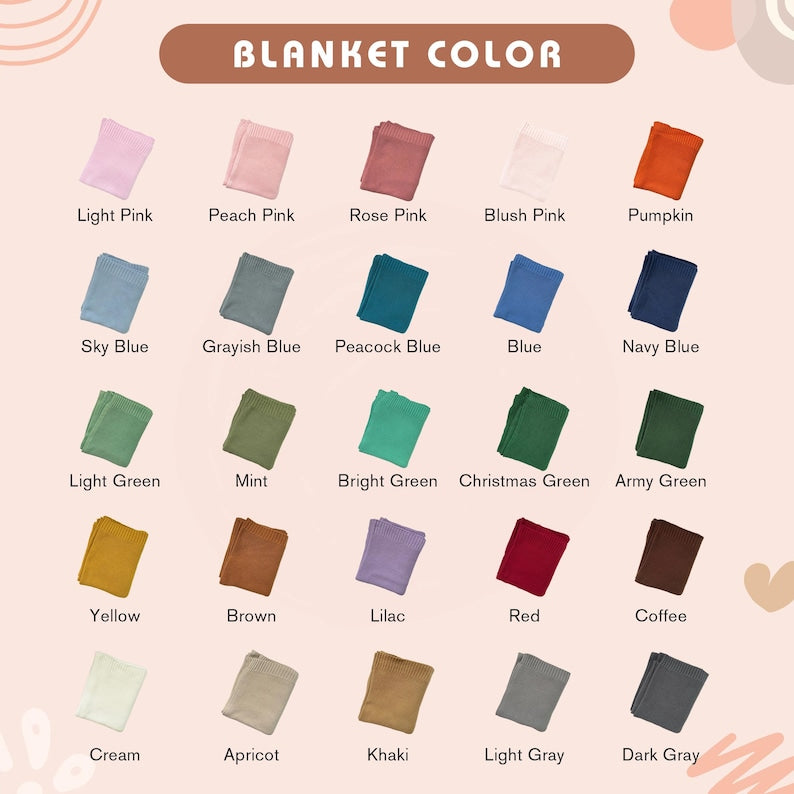 May include: A color chart titled BLANKET COLOR displaying twenty small fabric swatches in various shades including light pink, peach, rose, blush, pumpkin, sky blue, grayish blue, peacock blue, blue, navy, light green, mint, bright green, 