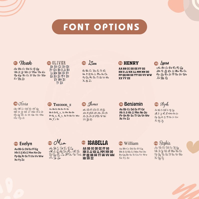 May include: A chart titled FONT OPTIONS displaying fifteen distinct typography styles labeled F1 through F15. Each entry features a name example followed by the full uppercase and lowercase alphabet. The text is dark brown on a light peach