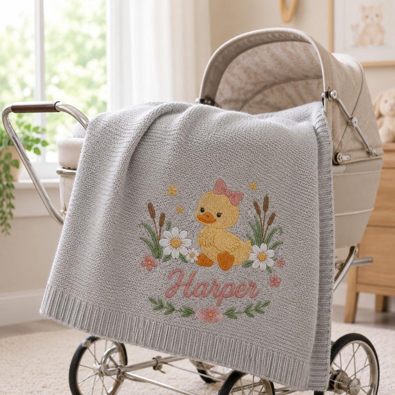 Personalized Duck Embroidered Baby Blanket, Custom Name Soft Knit Blanket, Soft Floral Newborn Blanket, Nursery Gift, Baby, Cute Style image 7