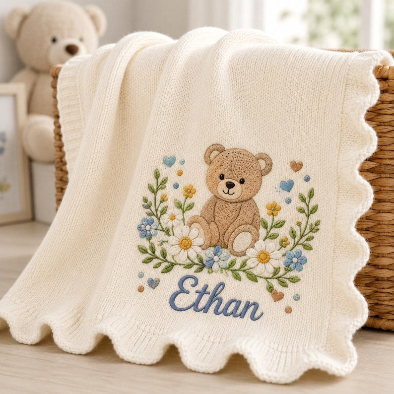 Personalized Embroidered Baby Blanket, Custom Bear Name Soft Knit Blanket, Neutral Botanical Newborn Blanket, Cotton Baby Blanket image 6