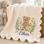Personalized Embroidered Baby Blanket, Custom Bear Name Soft Knit Blanket, Neutral Botanical Newborn Blanket, Cotton Baby Blanket image 6