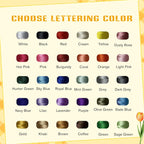 May include: A color chart titled CHOOSE LETTERING COLOR displaying thirty small spools of embroidery thread in various shades including white, black, red, cream, yellow, dusty rose, hot pink, pink, burgundy, coral, orange, light pink, hunt