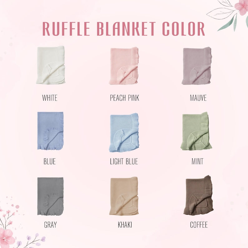 May include: A color chart titled RUFFLE BLANKET COLOR displaying nine folded blankets with ruffled edges in white, peach pink, mauve, blue, light blue, mint, gray, khaki, and coffee. Each blanket is labeled with its corresponding color nam