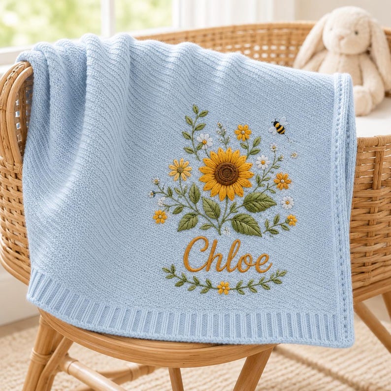 May include: A light blue knit baby blanket featuring an embroidered bouquet of yellow sunflowers, white daisies, and green leaves. A small bee is embroidered above the flowers. The name Chloe is embroidered in gold script below the floral design.