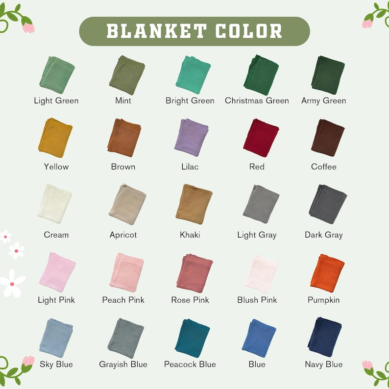 May include: A color chart titled BLANKET COLOR displaying twenty small, folded fabric swatches in various shades including light green, mint, bright green, christmas green, army green, yellow, brown, lilac, red, coffee, cream, apricot, khaki, light 