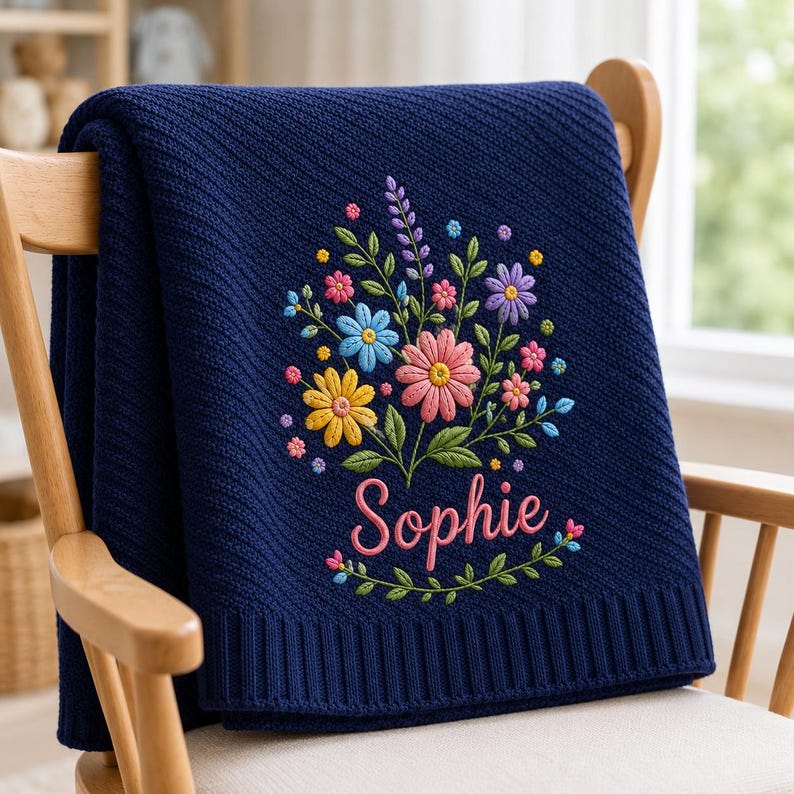 Colorful Floral Personalized Embroidered Baby Blanket, Custom Name Soft Knit Blanket, Wildflower Newborn Blanket, Baby Gift image 7