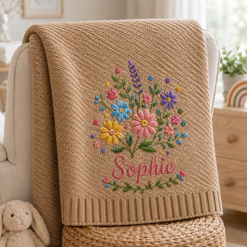May include: A tan knitted blanket featuring a diagonal ribbed texture and a central embroidered bouquet of colorful wildflowers in shades of pink, yellow, blue, and purple, with the name Sophie stitched in pink cursive script below the flo