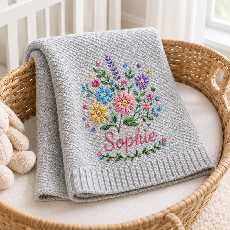 May include: A light gray knit blanket featuring an embroidered bouquet of colorful flowers including pink, blue, yellow, and purple blossoms with green stems and leaves. The name Sophie is embroidered in pink script below the floral arrang