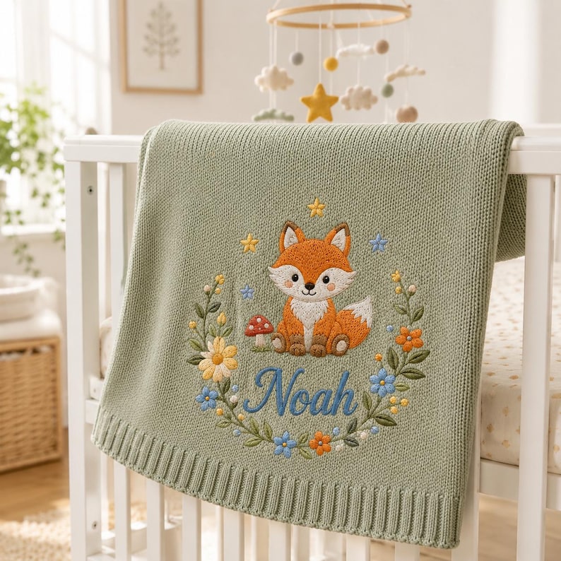 May include: A sage green knitted baby blanket featuring an embroidered orange and white fox sitting next to a red mushroom. The design includes a floral wreath with blue, yellow, and orange flowers, and the name Noah in blue script letteri