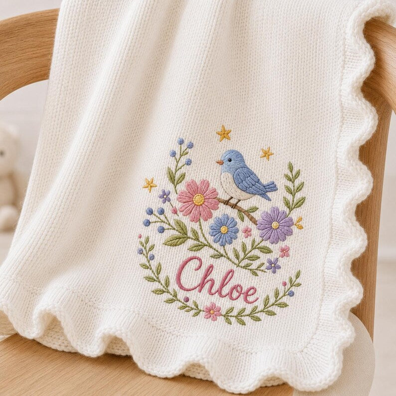Blue Bird Baby Blanket with Custom Name, Personalized Floral Embroidered Knit Blanket, Garden Nursery Gift for Newborn Baby Girl image 7