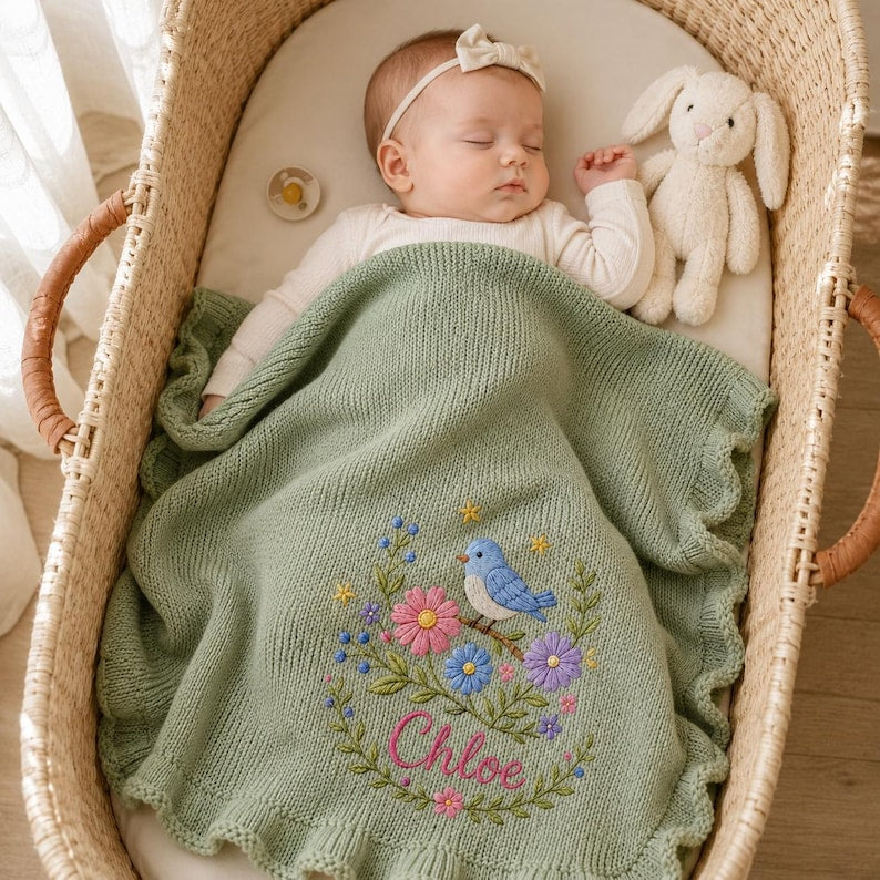 May include: A sage green knitted baby blanket with a ruffled edge, featuring an embroidered design of a blue bird perched on a branch surrounded by pink and purple flowers, with the name Chloe stitched in pink cursive script at the bottom.