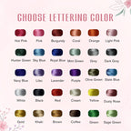 May include: A color chart titled CHOOSE LETTERING COLOR displaying thirty individual thread spools in various shades including hot pink, burgundy, hunter green, navy blue, white, black, red, yellow, gold, brown, and sage green with labels.
