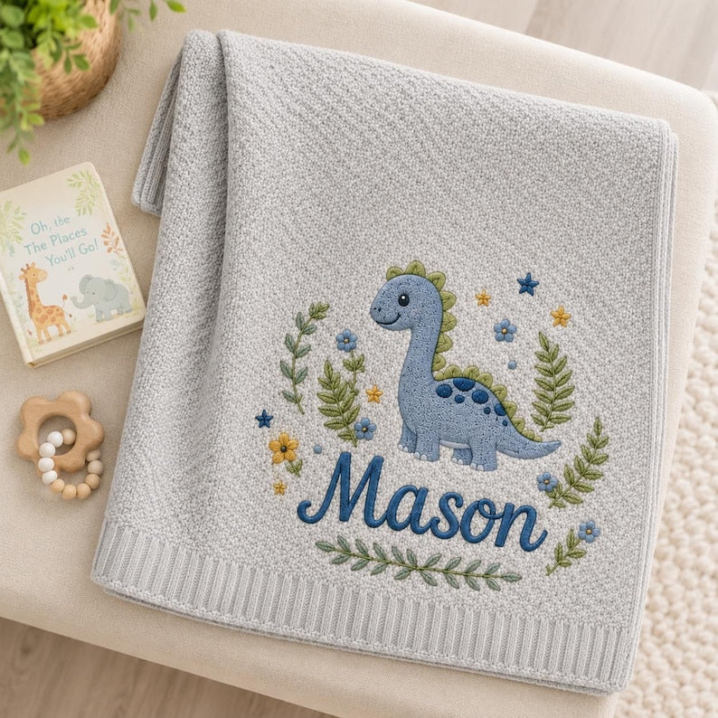 Dinosaur Personalized Embroidered Baby Blanket, Cotton Custom Name Soft Knit Blanket, Minimal Nursery Newborn Blanket image 3