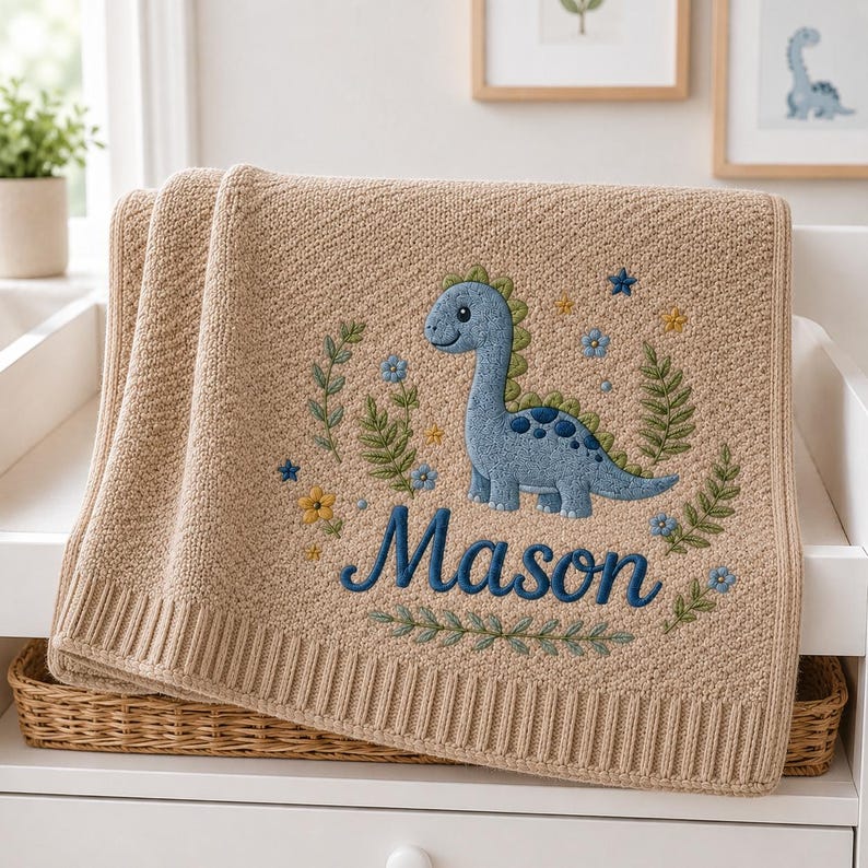 May include: A beige knitted blanket featuring an embroidered blue dinosaur surrounded by green foliage, small yellow and blue flowers, and stars. The name Mason is embroidered in dark blue script lettering below the dinosaur illustration.
